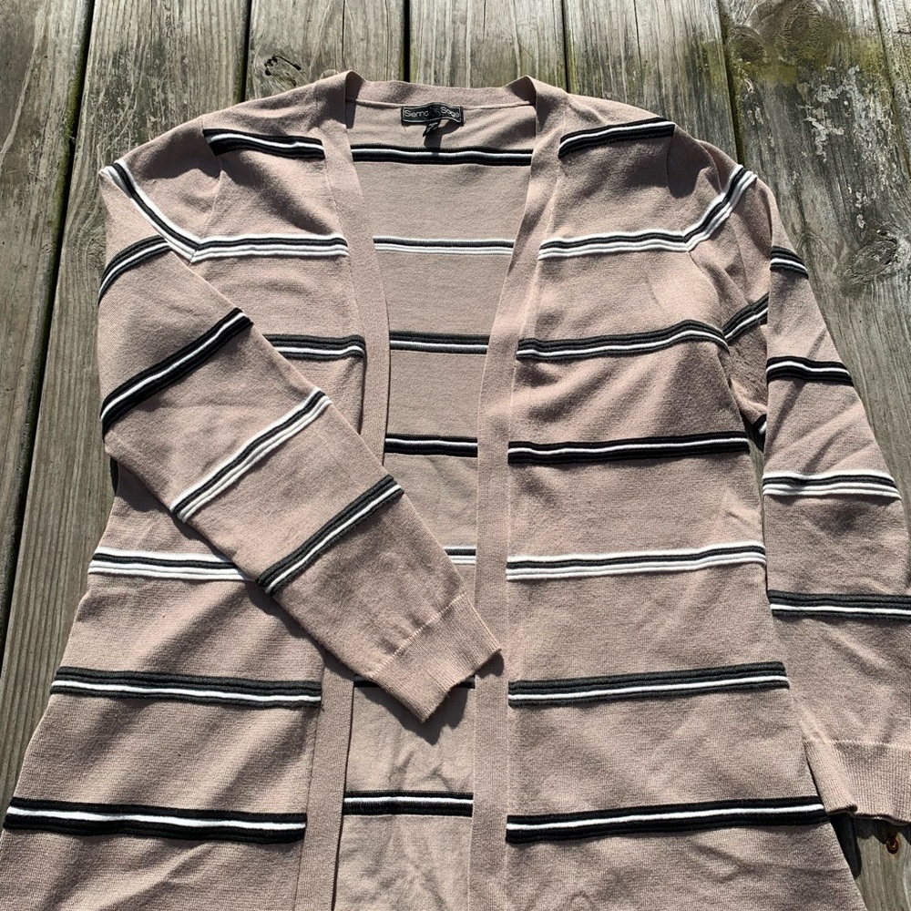 Chic Striped Open-Front Cardigan in Tan and Black